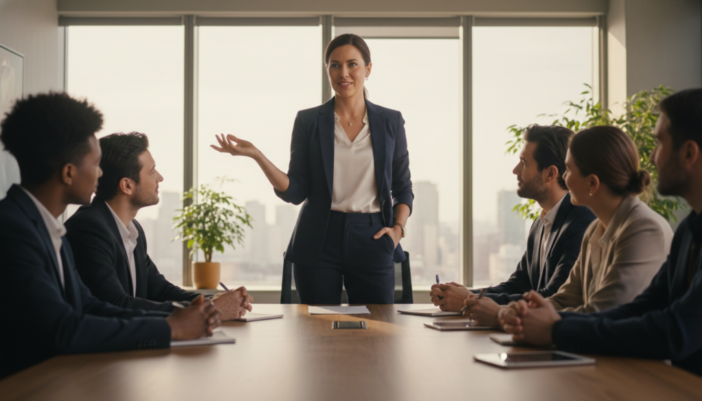A confident businesswoman standing in a modern office, communicating her value during a team meeting. In the foreground, she gestures passionately with an open hand, dressed in a sharp navy blazer and crisp white blouse, embodying professionalism. The middle layer showcases attentive colleagues, engaged and nodding, dressed in smart attire, illustrating a collaborative atmosphere. The background features large windows with soft natural light filtering in, casting a warm glow over the space. The mood is empowering and dynamic, reflecting the importance of asserting one's value and setting healthy boundaries. The angle captures the perspective of her colleagues, emphasizing unity and focus without any distractions or text elements.