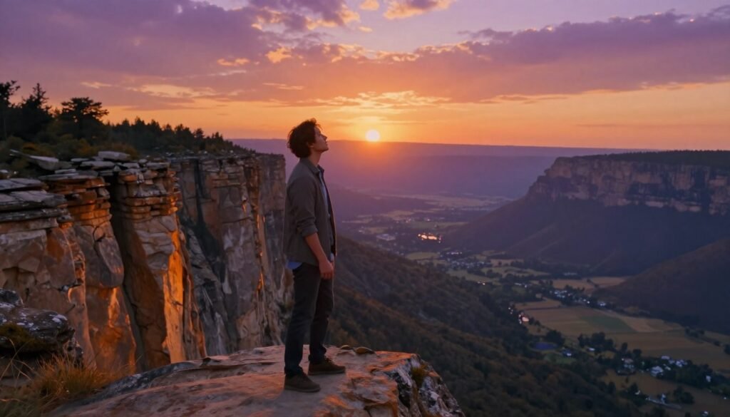 A courageous individual standing at the edge of a vast, breathtaking landscape, symbolizing the leap out of their comfort zone. In the foreground, the person, dressed in smart casual attire, looks determined and hopeful. The middle ground features rugged cliffs illuminated by the warm glow of a sunset, with vibrant orange and purple hues filling the sky, creating an inspiring atmosphere. The background showcases a serene valley and distant mountains, adding depth to the scene. Soft, ethereal lighting enhances the overall mood, conveying hope and motivation. The angle is slightly low, emphasizing the person's bravery while portraying the majestic landscape. The image should evoke feelings of empowerment and potential for change.