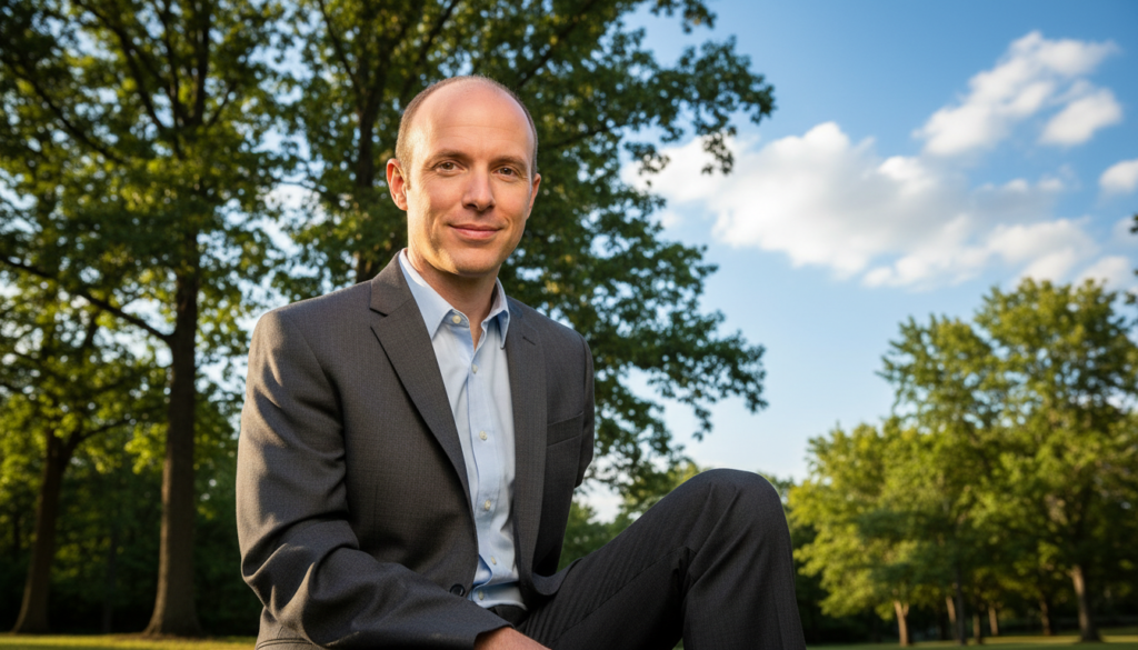 A portrait of Nick Vujicic, an inspirational speaker with a gentle smile, sitting confidently in a peaceful outdoor setting. He is dressed in smart casual attire, embodying professionalism and warmth. The foreground features his character, showcasing his confident posture and engagement with the viewer. In the middle ground, lush green trees and soft sunlight filter through, creating a serene atmosphere. The background includes a bright blue sky dotted with fluffy white clouds, emphasizing optimism. The lighting is warm, emphasizing Nick’s features and creating a sense of hope and resilience. The composition should be intimate and uplifting, inviting viewers to connect with his uplifting spirit. A portrait of Nick Vujicic, an inspirational speaker with a gentle smile, sitting confidently in a peaceful outdoor setting. He is dressed in smart casual attire, embodying professionalism and warmth. The foreground features his character, showcasing his confident posture and engagement with the viewer. In the middle ground, lush green trees and soft sunlight filter through, creating a serene atmosphere. The background includes a bright blue sky dotted with fluffy white clouds, emphasizing optimism. The lighting is warm, emphasizing Nick’s features and creating a sense of hope and resilience. The composition should be intimate and uplifting, inviting viewers to connect with his uplifting spirit.