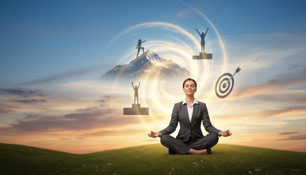 A serene and inspiring visualization of mental resilience, featuring a well-dressed professional woman sitting cross-legged on a lush green hilltop, with her eyes closed and a peaceful expression. In the foreground, the woman embodies calmness and focus, while in the middle ground, a series of ethereal images swirl around her, depicting vibrant scenes of achievement, like climbing mountains and reaching goals. In the background, a clear blue sky transitions into a warm sunset, symbolizing hope and optimism. Soft, golden light filters through wispy clouds, illuminating her figure and creating a tranquil atmosphere. The overall mood is uplifting and empowering, encouraging viewers to embrace their inner strength and visualize success.