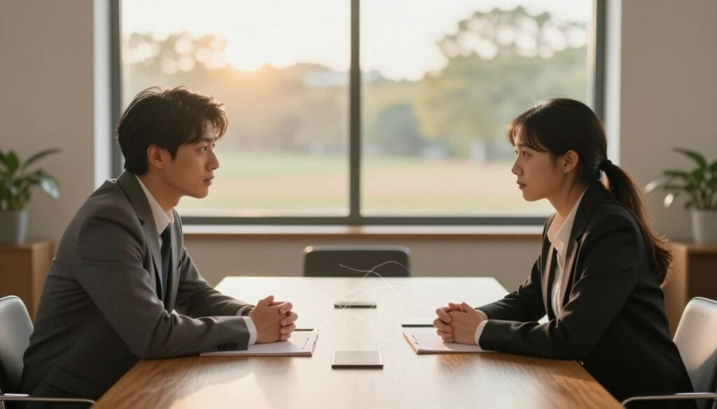 A serene conference room set in soft, warm lighting creates a calm atmosphere. In the foreground, two individuals, a man and a woman, are seated across from each other at a modern wooden table. They are dressed in professional business attire, engaged in a heartfelt discussion, their expressions reflecting empathy and understanding. The middle ground features a subtle visual representation of emotional connection, such as faint tendrils of light weaving between them, symbolizing their shared feelings. In the background, a large window reveals a peaceful landscape, with gentle sunlight filtering through trees, enhancing the image's tranquil mood. The scene invites viewers to feel the importance of empathy in resolving conflicts, encapsulating the essence of connecting with others on a deeper emotional level. A serene conference room set in soft, warm lighting creates a calm atmosphere. In the foreground, two individuals, a man and a woman, are seated across from each other at a modern wooden table. They are dressed in professional business attire, engaged in a heartfelt discussion, their expressions reflecting empathy and understanding. The middle ground features a subtle visual representation of emotional connection, such as faint tendrils of light weaving between them, symbolizing their shared feelings. In the background, a large window reveals a peaceful landscape, with gentle sunlight filtering through trees, enhancing the image's tranquil mood. The scene invites viewers to feel the importance of empathy in resolving conflicts, encapsulating the essence of connecting with others on a deeper emotional level.