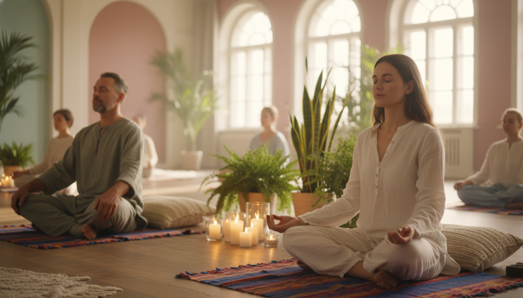 A serene indoor space dedicated to meditation, featuring a diverse group of individuals practicing mindfulness. In the foreground, a young woman sits cross-legged on a soft, colorful mat, eyes closed, embodying tranquility and focus. Beside her, a middle-aged man breathes deeply, his hands resting on his knees, surrounded by plant life. In the middle ground, a few candles flicker softly, casting a warm, inviting glow. The background displays large windows allowing natural sunlight to flood in, illuminating the gentle colors of the room. The atmosphere conveys calmness and inner peace, with soft textures and harmonious colors. Use a soft-focus lens to enhance the dreamy quality of the scene, capturing an overall feeling of stillness and well-being.