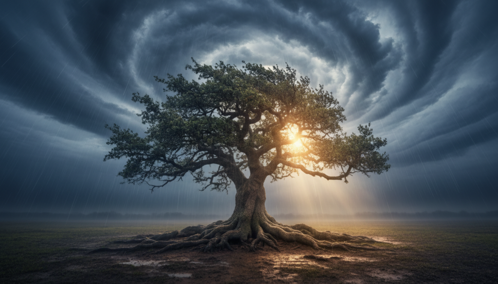 A serene landscape depicting a strong tree standing tall amidst a storm, showcasing resilience against harsh winds and heavy rain. In the foreground, the tree has deep roots visible, symbolizing strength and grounding. The middle ground features dark, swirling clouds emphasizing the challenges, while raindrops create a sense of movement. In the background, a hint of sunlight breaks through the clouds, illuminating the tree and creating a warm glow, representing hope and determination. The atmosphere feels dramatic yet inspiring, capturing a moment of triumph against adversity. Soft focus on the background enhances the tree’s prominence. The scene is captured with a wide-angle lens to emphasize the scale of the storm compared to the resilient tree. A serene landscape depicting a strong tree standing tall amidst a storm, showcasing resilience against harsh winds and heavy rain. In the foreground, the tree has deep roots visible, symbolizing strength and grounding. The middle ground features dark, swirling clouds emphasizing the challenges, while raindrops create a sense of movement. In the background, a hint of sunlight breaks through the clouds, illuminating the tree and creating a warm glow, representing hope and determination. The atmosphere feels dramatic yet inspiring, capturing a moment of triumph against adversity. Soft focus on the background enhances the tree’s prominence. The scene is captured with a wide-angle lens to emphasize the scale of the storm compared to the resilient tree.