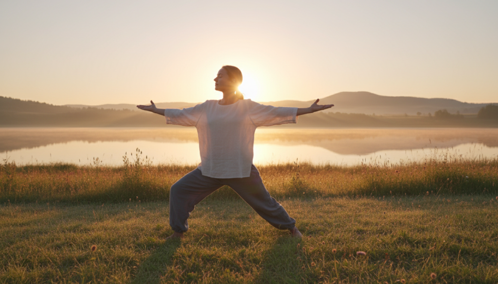 A serene morning scene depicting the essence of self-care. In the foreground, a person in modest casual clothing practices yoga on a grassy meadow, embodying tranquility and focus. The middle ground features a gently illuminated sunrise casting soft, warm light across the landscape, enhancing a feeling of awakening and motivation. In the background, rolling hills and a calm lake reflect the golden hues of dawn. The atmosphere is peaceful and inspiring, symbolizing the journey of self-discovery. The composition captures a sense of renewal and hope, inviting viewers to connect with their own motivations and reasons for waking up early. Incorporate soft, natural lighting, with a focus on warm colors to evoke a sense of comfort and positivity.