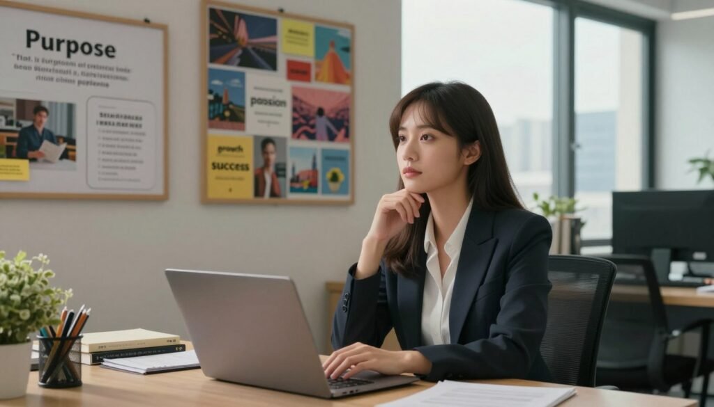 A serene office environment filled with natural light, featuring a young professional woman in a smart business outfit, sitting at a desk with a laptop open. In the foreground, she is deep in thought, surrounded by inspiration boards with quotes about purpose and career paths. The middle ground shows books and a vision board on the wall, filled with vibrant images and keywords like "growth," "passion," and "success." The background includes large windows revealing a cityscape, symbolizing opportunity. The warm and uplifting atmosphere is enhanced by soft lighting that creates a sense of hope and motivation, captured from a slightly elevated angle to evoke an inspiring perspective.