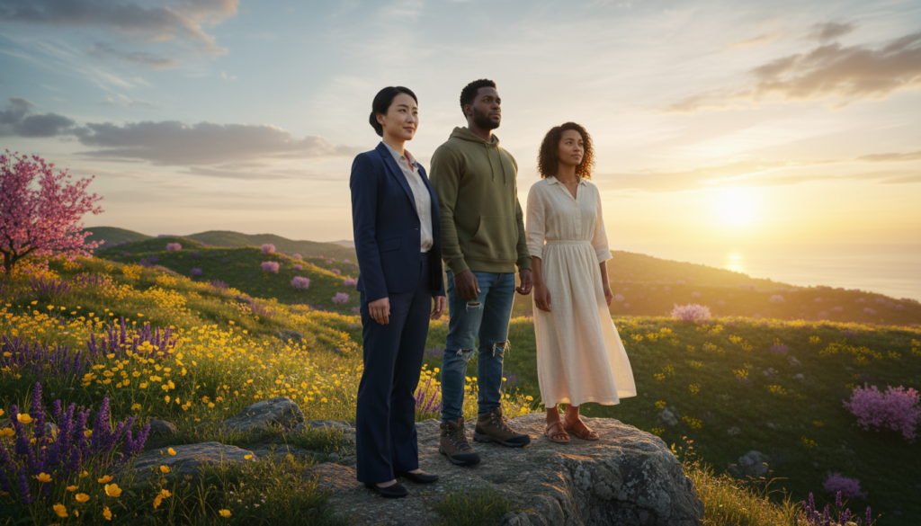 A serene outdoor scene depicting emotional resilience. In the foreground, a diverse group of three individuals, a woman of Asian descent in professional attire, a Black man in casual clothing, and a mixed-race woman, stand strong on a rocky cliff with a breathtaking sunrise in the background. Their expressions convey determination and hope. In the middle ground, lush green hills and blooming flowers symbolize growth and renewal. The sun's warm, golden light bathes the scene, creating a sense of warmth and positivity. In the background, soft clouds drift across a brightening sky, reinforcing the mood of tranquility and optimism. The lens captures the scene from a slightly low angle, emphasizing the subjects' strength against a stunning backdrop.