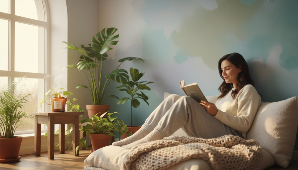 A serene scene depicting self-care and relaxation. In the foreground, a cozy reading nook adorned with soft, plush cushions and a warm throw blanket, where a person in modest casual clothing is peacefully enjoying a book. In the middle, a tranquil indoor space with plants and a softly glowing candle, creating a calming atmosphere. Natural sunlight streams through a nearby window, casting gentle light. The background features a subtle blend of peaceful colors, such as soft blues and greens, evoking a sense of tranquility. The overall mood is one of comfort and self-nurturing, emphasizing the importance of taking time for oneself. The image should have a soft focus to enhance the relaxing vibe.