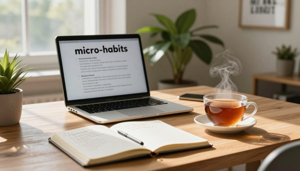 A serene wooden desk in an inviting, sunlit office setting, symbolizing "micro-habits" transforming lives. In the foreground, a journal with handwritten goals and a steaming cup of tea, representing daily reflections. In the middle, an open laptop displaying notes on personal growth and self-improvement strategies. Soft natural light filters through a nearby window, creating a warm and motivating atmosphere. The background features a lush plant and a motivational quote framed on the wall, enhancing the sense of positivity and encouragement. The image should evoke a calm, inspiring mood, inviting viewers to explore the power of small, actionable steps towards significant life changes.