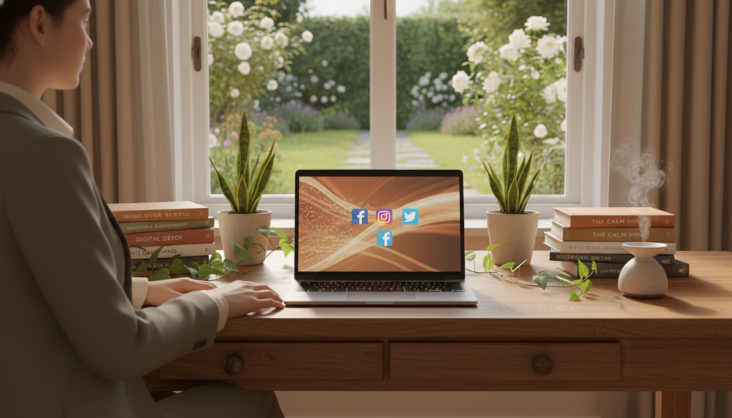 A serene workspace setting, highlighted in soft, natural light, where a person, dressed in professional attire, sits at a desk. In the foreground, an open laptop displays social media icons fading into the background. The middle area features a stack of books on mental health, interspersed with green plants that symbolize growth and balance. In the background, a large window reveals a peaceful garden, promoting a sense of calm. The mood is reflective and tranquil, suggesting a healthy, balanced relationship with technology. Use a warm color palette to enhance the inviting atmosphere while ensuring the overall composition encourages viewers to consider the impact of social media on mental health.
