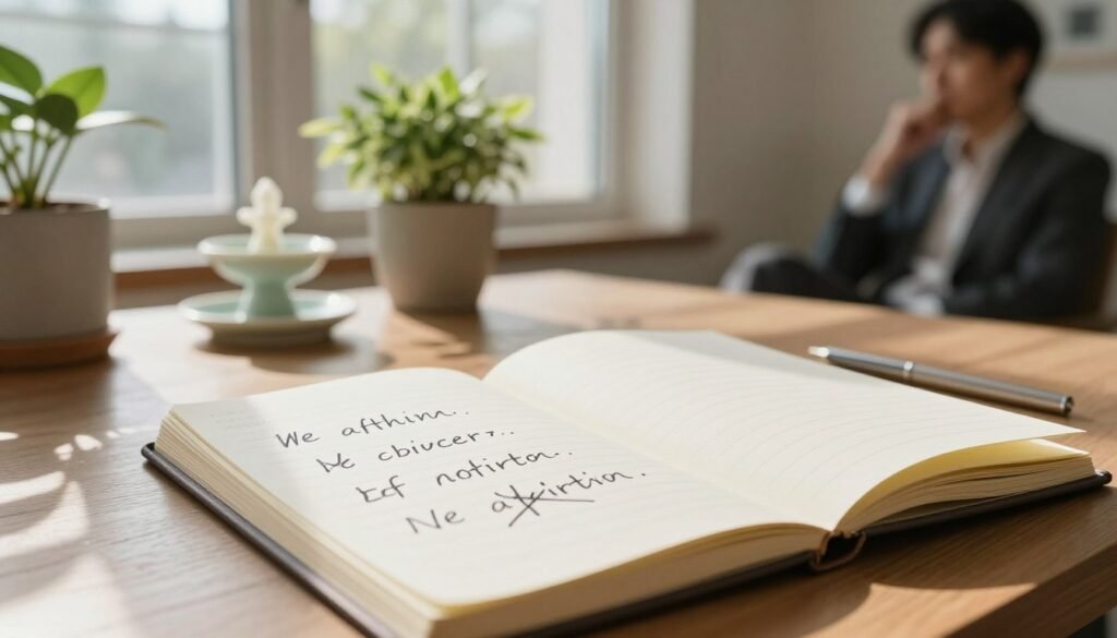 A serene workspace with a desk surrounded by natural light streaming through large windows, capturing a warm and inviting atmosphere. In the foreground, a notepad lies open, featuring handwritten positive affirmations that appear slightly smudged or crossed out, symbolizing common mistakes in practicing affirmations. The middle ground includes a potted plant and a small, calming fountain, adding tranquility to the scene. In the background, soft, blurred images of a person in professional attire, seated and reflecting; they appear contemplative, showcasing the journey of self-improvement. The lighting should be soft and warm, emphasizing an optimistic yet introspective mood. Capture the image from a slight angle to add depth while maintaining focus on the affirmations and the peaceful environment.