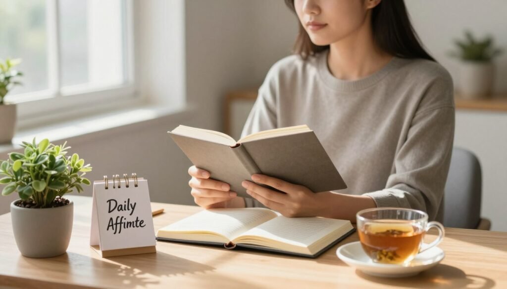 A tranquil indoor setting, softly lit by warm, natural light streaming through a window, creates an inviting atmosphere. In the foreground, a stylishly arranged workspace features a small plant, a journal, and a cup of herbal tea, while an inspiring quote card with beautiful calligraphy subtly hints at daily affirmations. The middle showcases a person sitting comfortably in a casual yet professional outfit, reflecting a sense of confidence and calm as they gaze thoughtfully at the journal. The background captures a cozy, minimalist room with neutral tones, promoting a sense of peace and introspection. The overall mood is one of serenity and empowerment, encouraging viewers to contemplate the importance of repeating positive affirmations for personal growth and mental strength.