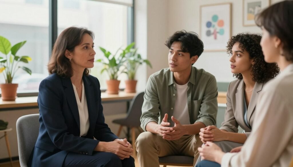A warm and inviting scene depicting a diverse group of three professionals engaged in a respectful conversation in a comfortable office setting. In the foreground, a middle-aged woman in a smart navy blazer listens intently, her expression reflecting understanding. To her right, a young man in casual business attire gestures thoughtfully, while a woman with curly hair in a professional dress nods in agreement, showcasing empathy. In the background, soft, natural light streams through large windows lined with potted plants, creating a calming atmosphere. The room is decorated with subtle artwork promoting collaboration and emotional intelligence. Use a shallow depth of field to focus on the individuals, capturing their authentic emotions while ensuring a serene and supportive environment. The overall mood is one of connection and validation, emphasizing the importance of understanding without agreement. A warm and inviting scene depicting a diverse group of three professionals engaged in a respectful conversation in a comfortable office setting. In the foreground, a middle-aged woman in a smart navy blazer listens intently, her expression reflecting understanding. To her right, a young man in casual business attire gestures thoughtfully, while a woman with curly hair in a professional dress nods in agreement, showcasing empathy. In the background, soft, natural light streams through large windows lined with potted plants, creating a calming atmosphere. The room is decorated with subtle artwork promoting collaboration and emotional intelligence. Use a shallow depth of field to focus on the individuals, capturing their authentic emotions while ensuring a serene and supportive environment. The overall mood is one of connection and validation, emphasizing the importance of understanding without agreement.