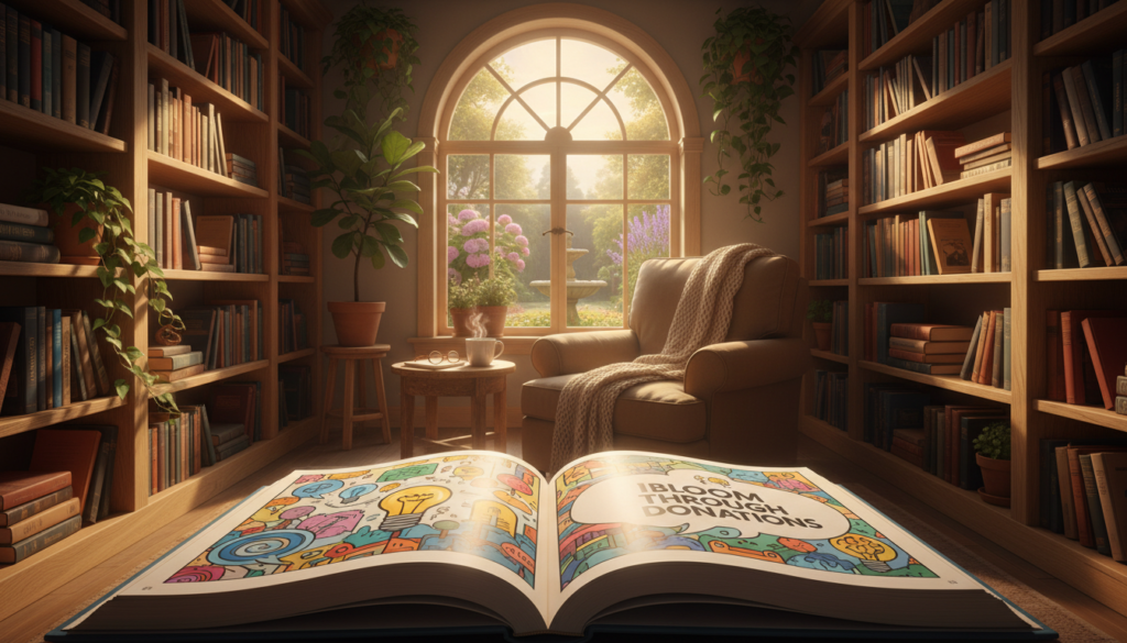 A cozy reading nook filled with a diverse array of nonfiction books stacked neatly on wooden shelves. The foreground features an open book with vibrant illustrations, symbolizing the ideas shared through donations. In the middle, a warm armchair sits by a large window, allowing soft, golden sunlight to flood the space, creating a tranquil atmosphere. Potted plants add life and color, while a steaming cup of tea rests on a nearby table, inviting contemplation. In the background, a peaceful garden is visible, enhancing the feeling of inspiration. The overall mood is serene and encouraging, promoting the idea of sharing transformative ideas through donations. The image should use natural lighting, with a focus on warm tones and inviting textures.