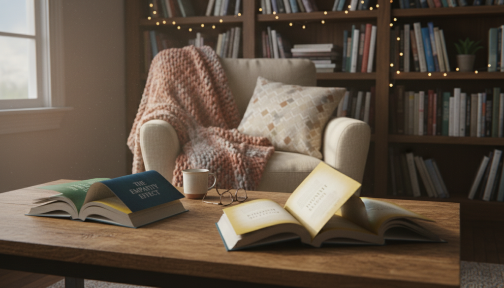 A cozy reading nook filled with books about empathy on a rustic wooden table. In the foreground, open books with colorful covers displaying titles about kindness and understanding, their pages gently fluttering as if from a soft breeze. In the middle ground, a comfortable armchair with a warm throw blanket draped over it, inviting readers to sit and reflect. A subtle bookshelf in the background, filled with more assorted literature on empathy and social awareness, softly lit by warm, ambient lighting. The scene is bathed in a serene glow, creating a peaceful and inspiring atmosphere, perfect for contemplation and sharing the transformative power of literature. The lens captures the scene with a slight depth of field, focusing on the books while blurring the background gently.