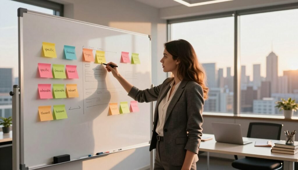 A modern office space with a large window overlooking a vibrant cityscape during the golden hour. In the foreground, a sleek, whiteboard filled with colorful sticky notes displaying smart goals like "specific," "measurable," "achievable," "relevant," and "time-bound." A confident, professional woman in a tailored blazer stands beside the board, pointing at the notes, embodying determination and focus. In the middle ground, a desk with a laptop, a planner, and motivational books creates an atmosphere of productivity. The warm, soft lighting enhances an inspiring and optimistic mood, while the city skyline in the background hints at endless possibilities and future success. The composition conveys clarity and purpose, perfect for illustrating the concept of setting clear and achievable goals.
