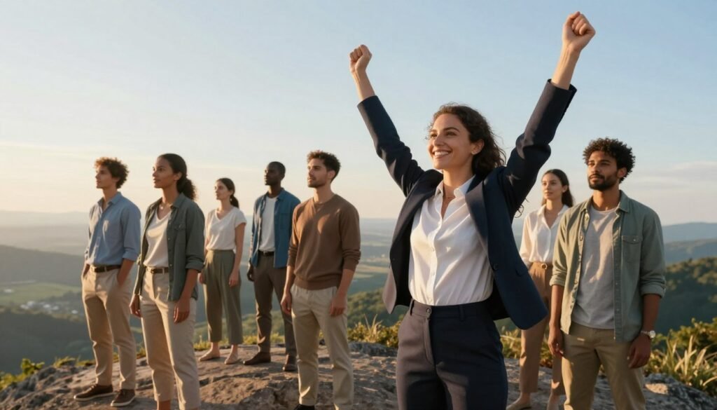 A serene and inspiring scene depicting a diverse group of individuals standing confidently on a sunlit mountaintop, symbolizing renewed trust and self-esteem. In the foreground, a woman in professional business attire smiles brightly, her arms raised in a victorious pose. Beside her, a man in modest casual clothing looks determined, with a reflective expression as he gazes into the distance. The middle ground features a breathtaking panoramic view of lush valleys and clear skies, suggesting limitless possibilities. The warm, golden light of the sunrise casts soft shadows, enhancing a sense of hope and motivation. The atmosphere is uplifting and empowering, embodying the essence of confidence renewal.