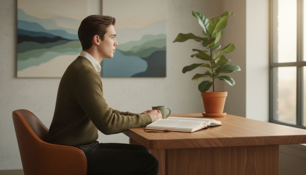 A serene and introspective scene depicting a thoughtful individual in a cozy, modern office space, engaged in self-reflection. In the foreground, a well-dressed young adult sits at a stylish desk, gazing thoughtfully out of a large window, with soft natural light illuminating their face. The middle ground features an open journal with handwritten notes on emotional awareness and a potted plant, symbolizing personal growth. In the background, faint outlines of soft abstract art hang on the walls, evoking a sense of tranquility. The atmosphere is peaceful, suggesting a journey of emotional self-discovery. Use warm, inviting colors to enhance the mood and utilize a slightly blurred background effect to draw focus to the individual.