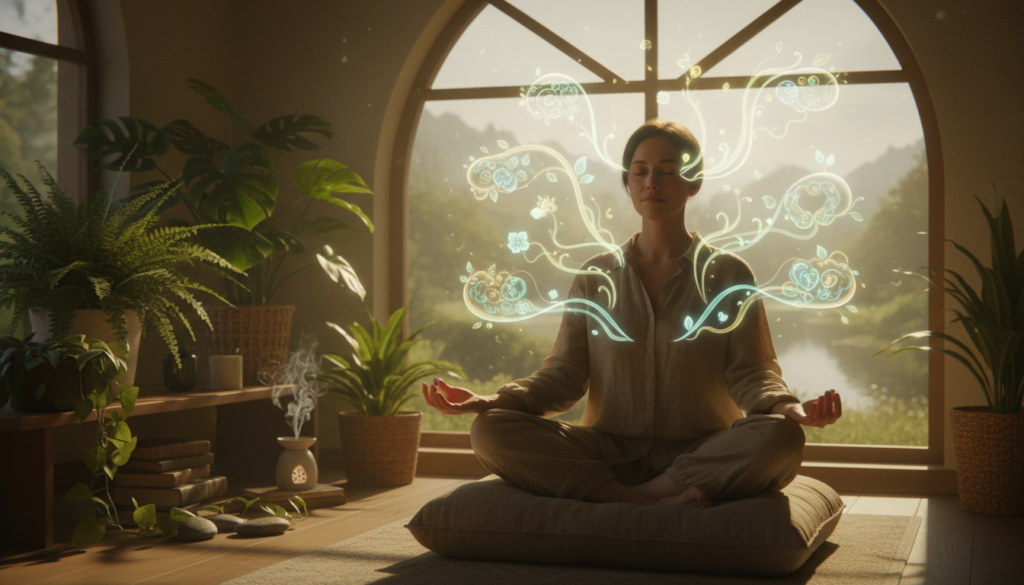 A serene indoor setting, featuring a cozy, softly lit room with warm, ambient lighting. In the foreground, a person seated cross-legged on a comfortable cushion, dressed in modest casual clothing, embodies a sense of calm and focused presence. Their eyes are closed, hands resting gently on their knees in a meditative pose, reflecting deep thought observation. Surrounding them, delicate wisps of ethereal thought bubbles hover in the air, showcasing light and organic patterns representing various thoughts. In the middle ground, a collection of plants and calming decor adds to the tranquility. In the background, a window reveals a peaceful natural landscape, bathed in soft morning light. The overall mood is one of introspection, clarity, and mindfulness, inviting the viewer to embrace mental awareness.