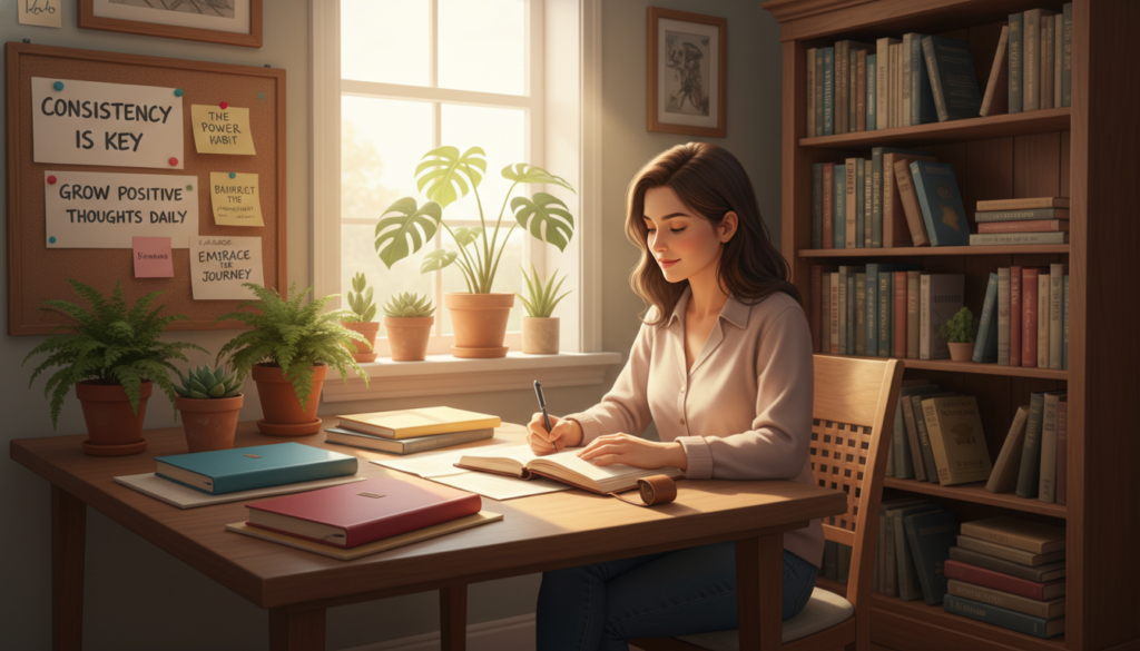 A serene interior scene depicting a cozy study room bathed in soft, warm light. In the foreground, a person in smart casual attire sits at a desk, surrounded by an array of colorful notebooks and motivational quotes pinned on a board. Their expression is focused and positive as they write in a journal, symbolizing daily consistency in positive thoughts. In the middle, a window lets in natural light, illuminating plants that add vibrancy to the space. In the background, a bookshelf lined with inspiring books creates a sense of intellectual pursuit. The atmosphere is calm and motivating, evoking a sense of peace and determination, perfect for nurturing a positive mindset as a daily habit.