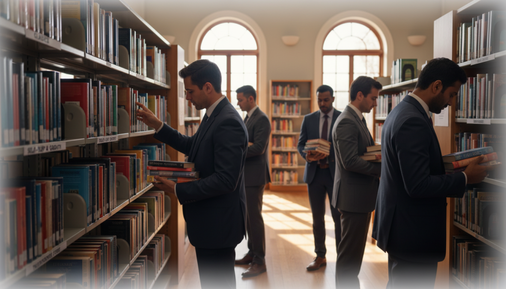 A serene, inviting book donation scene in a cozy community library. In the foreground, a diverse group of individuals, dressed in professional business attire, thoughtfully selects books from a beautifully organized shelf. Each person reflects a sense of purpose and community spirit. The middle layer features colorful book spines, showcasing a variety of genres such as classics, self-help, and children's literature, emphasizing transformative narratives. The background reveals warm, ambient lighting filtering through large windows, casting gentle shadows that enhance the inviting atmosphere. The scene is framed with a soft-focus effect, creating a calm and reflective mood, encouraging viewers to consider books that can change lives.