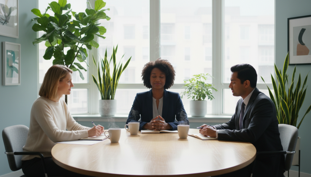 A serene office environment, featuring a diverse group of three professionals engaged in a calm discussion around a conference table. In the foreground, a person with a thoughtful expression, dressed in business attire, is practicing emotional control, demonstrating focus and poise. In the middle, two colleagues are listening intently, one nodding in agreement, conveying understanding. The background includes soft natural lighting from large windows, creating a warm, inviting atmosphere. Lush green plants flank the room, symbolizing growth and harmony. The overall mood is collaborative and peaceful, emphasizing emotional intelligence and conflict resolution. The camera angle is slightly above eye level to capture the dynamics of the conversation, enhancing the feeling of connection and mutual respect.