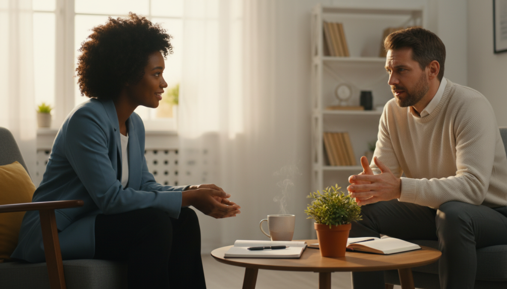 A serene office setting featuring two diverse professionals—a Black woman and a Caucasian man—engaged in a deep, empathetic conversation. In the foreground, the woman leans slightly forward with a warm, inviting expression, her eyes reflecting understanding, while the man listens attentively, nodding gently, wearing a smart casual outfit. In the middle ground, a cozy desk with a potted plant and a cup of coffee adds a relaxed atmosphere. The background shows soft, diffuse lighting coming from a large window, illuminating the scene with a golden hue as the sun sets. The mood is heartfelt and genuine, capturing the essence of true connection and emotional intelligence, emphasizing the power of empathy in relationships.