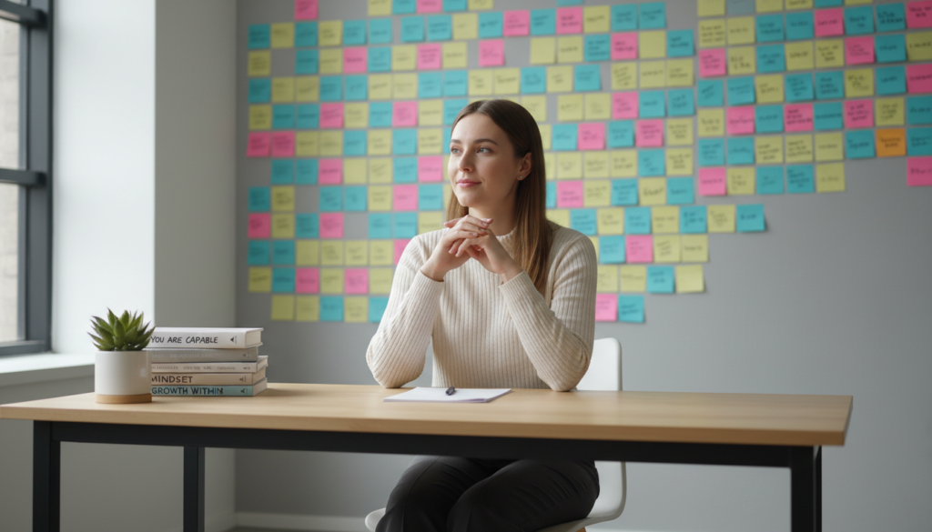 A serene office setting forms the backdrop, illuminated by soft, natural light streaming through a large window. In the foreground, a young professional woman sits at a stylish desk, deep in introspection. Her facial expression is thoughtful yet optimistic, symbolizing personal growth. She wears smart-casual attire, embodying a balance between professionalism and comfort. Surrounding her are motivational books and a small plant, indicating a nurturing environment. In the middle ground, a wall covered with colorful sticky notes showcases affirmations and positive quotes. The angle captures the depth of the room, creating a sense of space and tranquility. The overall mood conveys empowerment and the transformative power of positive thinking, inviting the viewer to reflect on their internal dialogue.