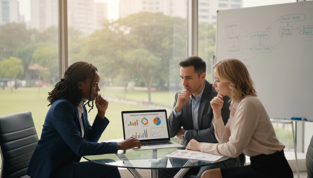 A serene office setting with a large window overlooking a peaceful park. In the foreground, a diverse group of three professionals—including a Black woman, a Hispanic man, and a White woman—all dressed in smart business attire, sit around a modern glass table. They appear engaged, with expressions of thoughtful consideration, as they analyze a set of emotional intelligence assessment charts displayed on a laptop. In the middle ground, a whiteboard filled with strategy notes showcases key emotional intelligence concepts. Soft natural light floods the room, creating a warm and inviting atmosphere. The scene conveys a sense of collaboration and introspection, as they work together to evaluate their emotional competencies. The angle should focus on the group, emphasizing their expressions and the charts while keeping a slight blur on the background for depth.
