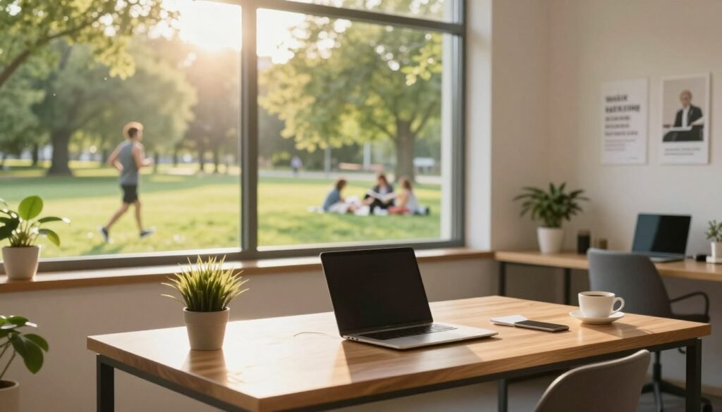 A serene office space that embodies the concept of work-life balance. In the foreground, a modern wooden desk with a laptop, a plant, and a coffee cup, symbolizing productivity. The middle ground features a large window letting in warm, soft sunlight, illuminating the room and creating a peaceful atmosphere. Outside the window, there’s a lush green park where people enjoy leisurely activities, such as jogging, reading, and picnicking, conveying the importance of well-being. The background includes minimalistic decor with motivational posters on the walls. The overall mood is tranquil and inspiring, with a focus on harmony between work and relaxation. Use bright and warm lighting to enhance the inviting vibe of the scene.