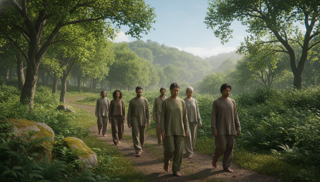 A serene outdoor scene depicting a mindful walking practice. In the foreground, a diverse group of people in modest casual clothing are walking slowly on a sun-dappled forest path, fully engaged in the present moment. Their expressions reflect tranquility and focus. In the middle ground, lush greenery surrounds the path, with soft sunlight filtering through the trees, casting gentle shadows. In the background, a peaceful landscape of distant hills under a clear blue sky enhances the calm atmosphere. The composition uses a slightly elevated angle to capture the group's movement and connection with nature. The overall mood is one of peaceful mindfulness and connection with the environment.