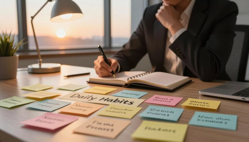 A serene workspace scene illustrating the concept of transforming motivational phrases into daily habits. In the foreground, a desk cluttered with inspiring quotes written on sticky notes in various colors, each showcasing a different motivational phrase. In the middle ground, a person in professional business attire, sitting thoughtfully, scribbling notes in a planner, surrounded by a warm soft glow from a desk lamp, creating an inviting atmosphere. In the background, large windows display a sunrise, symbolizing new beginnings and potential. The lighting is warm and inviting, casting gentle shadows that evoke a sense of calm determination. The overall mood is one of inspiration and focus, capturing the essence of making meaningful changes in daily life.