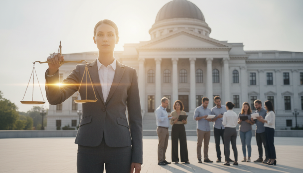 A balanced scene symbolizing justice, set in a bright, serene environment. In the foreground, a golden scale held by an elegant, professional figure dressed in business attire, representing fairness and equity. The figure stands confidently, with their gaze directed toward the viewer, embodying integrity. In the middle ground, a diverse group of individuals of various backgrounds, all dressed modestly, engage in thoughtful discussion about rights and responsibilities, showcasing collaboration and community. The background features a majestic courthouse with classical architecture, bathed in warm sunlight, conveying hope and solidity. Soft, natural lighting enhances the peaceful atmosphere, while a slight lens flare adds an uplifting feeling. The overall mood is one of harmony and purpose, highlighting the importance of balance in justice. A balanced scene symbolizing justice, set in a bright, serene environment. In the foreground, a golden scale held by an elegant, professional figure dressed in business attire, representing fairness and equity. The figure stands confidently, with their gaze directed toward the viewer, embodying integrity. In the middle ground, a diverse group of individuals of various backgrounds, all dressed modestly, engage in thoughtful discussion about rights and responsibilities, showcasing collaboration and community. The background features a majestic courthouse with classical architecture, bathed in warm sunlight, conveying hope and solidity. Soft, natural lighting enhances the peaceful atmosphere, while a slight lens flare adds an uplifting feeling. The overall mood is one of harmony and purpose, highlighting the importance of balance in justice.