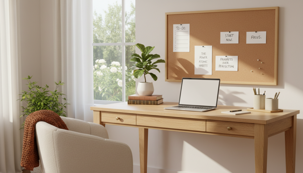 A bright, organized home office space with a large wooden desk, neatly arranged with a laptop, a potted plant, inspirational books, and stationery in designated holders. In the foreground, a cozy and comfortable chair with a soft, inviting throw blanket. In the middle, a well-structured corkboard filled with task lists and motivational quotes, all evenly spaced. The background features a large window allowing natural light to flood in, casting soft shadows, and a view of a manicured garden outside. The atmosphere is calm and focused, emphasizing clarity and productivity, with warm, soft lighting giving a sense of tranquility. The image should instill a sense of motivation and order, free from distractions.