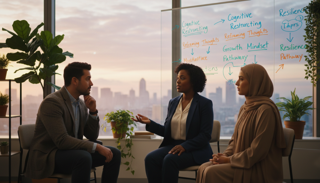 A calm, serene office setting with a large window revealing a city skyline in soft dawn light, illuminating the room. In the foreground, a diverse group of three people – a Black woman in professional attire, a Hispanic man in a smart casual outfit, and a Middle-Eastern woman in modest business wear – are engaged in a thoughtful discussion, reflecting on overcoming challenges. Their body language conveys openness and collaboration. In the middle ground, a whiteboard filled with colorful notes and diagrams on cognitive restructuring techniques. The background features indoor plants, adding a touch of nature, with a warm, inviting atmosphere. The lighting is soft and warm, creating a hopeful and inspiring mood, emphasizing the transformative power of perspective in difficult times.