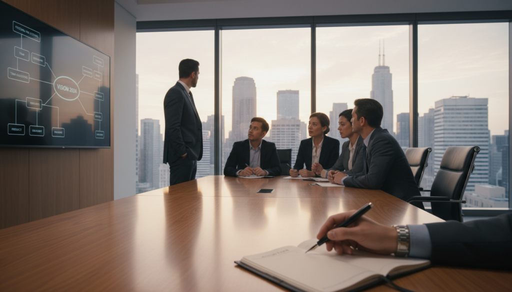 A contemplative individual in professional business attire stands at a large conference table in a modern office setting, gazing thoughtfully at a chart displaying personal and team goals. In the foreground, a hand resting on the table holds a pen poised above a notebook, symbolizing commitment to action. The middle of the scene features diverse team members engaged in discussion, their expressions serious and focused, highlighting the weight of responsibility. The background showcases a panoramic city view through large windows, bathed in warm, natural light, conveying a sense of optimism and purpose. The atmosphere is one of determination and accountability, reflecting the essence of personal responsibility in both professional and personal contexts. A contemplative individual in professional business attire stands at a large conference table in a modern office setting, gazing thoughtfully at a chart displaying personal and team goals. In the foreground, a hand resting on the table holds a pen poised above a notebook, symbolizing commitment to action. The middle of the scene features diverse team members engaged in discussion, their expressions serious and focused, highlighting the weight of responsibility. The background showcases a panoramic city view through large windows, bathed in warm, natural light, conveying a sense of optimism and purpose. The atmosphere is one of determination and accountability, reflecting the essence of personal responsibility in both professional and personal contexts.