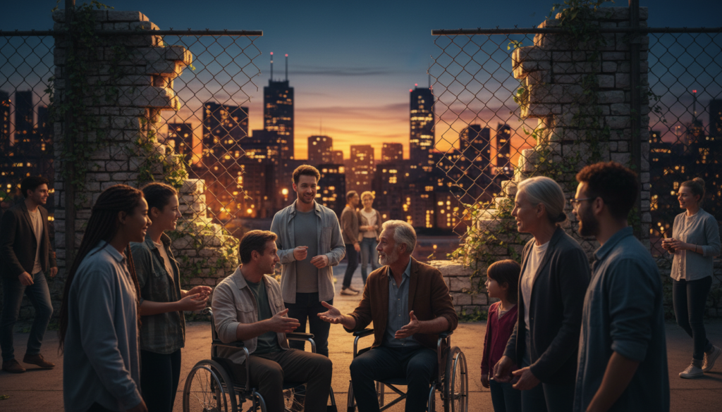 A crowded urban street scene representing the theme of "barriers to solidarity." In the foreground, a diverse group of people of various ages and backgrounds are engaged in a respectful conversation, displaying empathy and connection. Their body language conveys openness, with one person extending a hand towards another in a gesture of support. In the middle ground, symbolic barriers like a broken wall and a chain link fence are softly illuminated, suggesting obstacles being overcome. The background features a cityscape at dusk with warm lighting, hinting at hope and communal spirit. Use a wide-angle lens to capture the depth of interaction, and ensure the mood is positive and uplifting. The overall atmosphere should evoke themes of unity, resilience, and the power of human connection. A crowded urban street scene representing the theme of "barriers to solidarity." In the foreground, a diverse group of people of various ages and backgrounds are engaged in a respectful conversation, displaying empathy and connection. Their body language conveys openness, with one person extending a hand towards another in a gesture of support. In the middle ground, symbolic barriers like a broken wall and a chain link fence are softly illuminated, suggesting obstacles being overcome. The background features a cityscape at dusk with warm lighting, hinting at hope and communal spirit. Use a wide-angle lens to capture the depth of interaction, and ensure the mood is positive and uplifting. The overall atmosphere should evoke themes of unity, resilience, and the power of human connection.