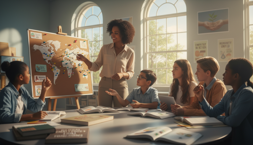 A diverse group of engaged adults and children in a bright, inviting classroom setting, focused on discussing humanitarian issues through educational materials. In the foreground, a female teacher points at a world map filled with colorful pins representing different global causes, while students of various ethnicities actively participate, raising their hands to share ideas. The middle ground features books and educational posters that highlight important humanitarian themes. In the background, large windows let in warm, natural light, creating an optimistic and inspiring atmosphere. The composition captures a sense of collaboration and enlightenment, emphasizing the power of knowledge in fostering awareness and change. Use soft lighting to accentuate the positive mood. A diverse group of engaged adults and children in a bright, inviting classroom setting, focused on discussing humanitarian issues through educational materials. In the foreground, a female teacher points at a world map filled with colorful pins representing different global causes, while students of various ethnicities actively participate, raising their hands to share ideas. The middle ground features books and educational posters that highlight important humanitarian themes. In the background, large windows let in warm, natural light, creating an optimistic and inspiring atmosphere. The composition captures a sense of collaboration and enlightenment, emphasizing the power of knowledge in fostering awareness and change. Use soft lighting to accentuate the positive mood.