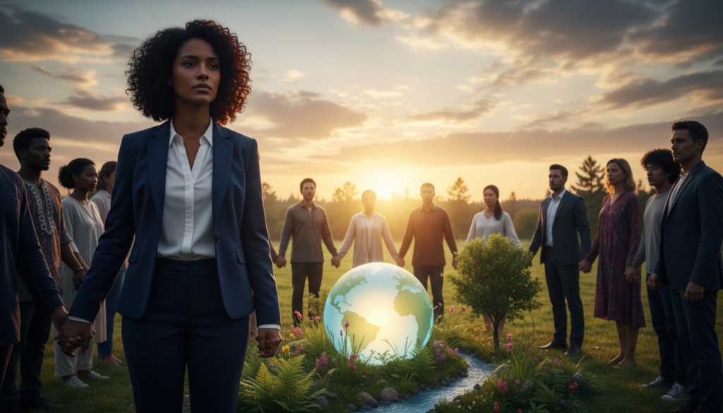 A diverse group of people gathered in a circular formation, holding hands, symbolizing unity and collective consciousness. In the foreground, a woman in professional attire gazes thoughtfully forward, while men and women of various ethnic backgrounds surround her, exuding a sense of purpose and collaboration. The middle ground features a glowing globe illuminated softly, representing the Earth, surrounded by lush greenery and thriving ecosystems. In the background, a fading sunset bathes the scene in warm golden light, enhancing the peaceful atmosphere. The entire composition conveys hope and interconnectedness, capturing the essence of "collective consciousness" and our shared responsibility for the planet. Use a shallow depth of field to focus on the individuals while keeping the globe slightly blurred, creating a dreamlike quality. A diverse group of people gathered in a circular formation, holding hands, symbolizing unity and collective consciousness. In the foreground, a woman in professional attire gazes thoughtfully forward, while men and women of various ethnic backgrounds surround her, exuding a sense of purpose and collaboration. The middle ground features a glowing globe illuminated softly, representing the Earth, surrounded by lush greenery and thriving ecosystems. In the background, a fading sunset bathes the scene in warm golden light, enhancing the peaceful atmosphere. The entire composition conveys hope and interconnectedness, capturing the essence of "collective consciousness" and our shared responsibility for the planet. Use a shallow depth of field to focus on the individuals while keeping the globe slightly blurred, creating a dreamlike quality.