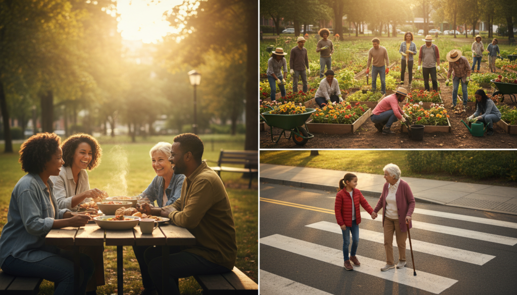 A heartwarming scene depicting daily acts of solidarity among diverse individuals. In the foreground, a group of three people—two women and one man—engaged in a friendly conversation while sharing a warm meal at a park picnic table, showcasing generosity. In the middle ground, a child is helping an elderly person cross the street, exemplifying kindness and care. In the background, people gather to volunteer at a community garden, planting flowers together, emphasizing collective effort. The image is bathed in soft, warm sunlight during golden hour, enhancing the sense of community and warmth. Use a wide-angle lens to capture the vibrancy of the scene, creating a light and uplifting atmosphere that represents the beauty of simple gestures of support and humanity in everyday life. A heartwarming scene depicting daily acts of solidarity among diverse individuals. In the foreground, a group of three people—two women and one man—engaged in a friendly conversation while sharing a warm meal at a park picnic table, showcasing generosity. In the middle ground, a child is helping an elderly person cross the street, exemplifying kindness and care. In the background, people gather to volunteer at a community garden, planting flowers together, emphasizing collective effort. The image is bathed in soft, warm sunlight during golden hour, enhancing the sense of community and warmth. Use a wide-angle lens to capture the vibrancy of the scene, creating a light and uplifting atmosphere that represents the beauty of simple gestures of support and humanity in everyday life.