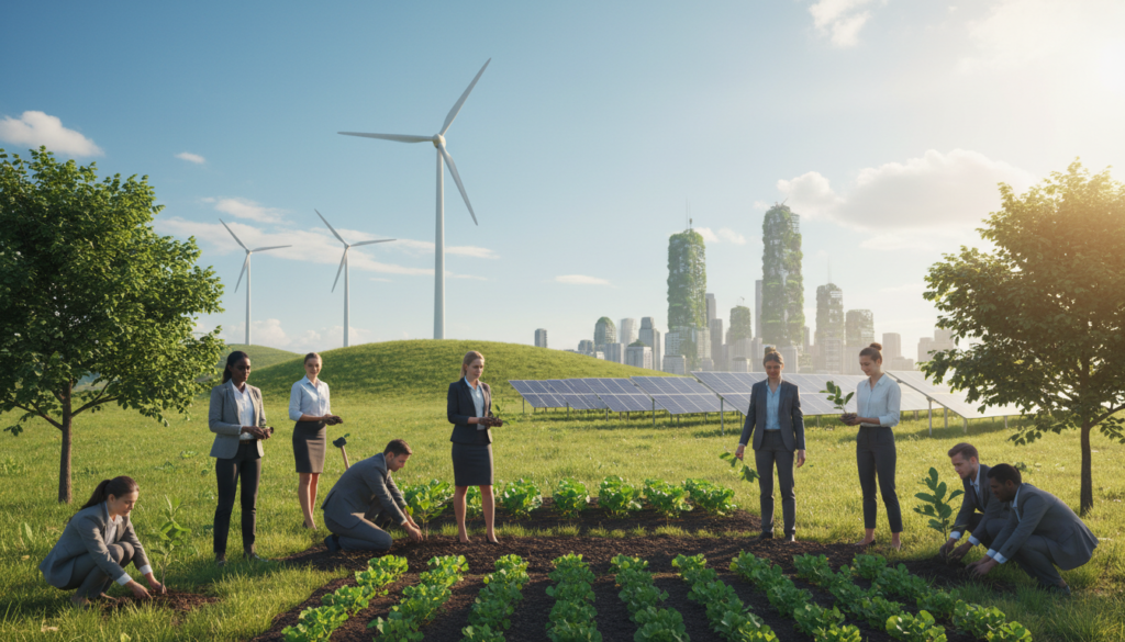 A lush green landscape showcasing the concept of sustainability. In the foreground, a diverse group of people in professional business attire is planting trees and tending to a small garden, symbolizing community action. In the middle ground, wind turbines spin gently on rolling hills under bright blue skies, while solar panels glimmer in the sunlight. The background features a vibrant city skyline with buildings covered in vertical gardens, reflecting modern sustainable architecture. The lighting is warm and natural, creating a hopeful and inspiring atmosphere, as golden rays of sunlight filter through the leaves. The angle captures both the people and the sustainable technologies harmoniously integrated into the environment, illustrating the importance of sustainable practices for a better future. A lush green landscape showcasing the concept of sustainability. In the foreground, a diverse group of people in professional business attire is planting trees and tending to a small garden, symbolizing community action. In the middle ground, wind turbines spin gently on rolling hills under bright blue skies, while solar panels glimmer in the sunlight. The background features a vibrant city skyline with buildings covered in vertical gardens, reflecting modern sustainable architecture. The lighting is warm and natural, creating a hopeful and inspiring atmosphere, as golden rays of sunlight filter through the leaves. The angle captures both the people and the sustainable technologies harmoniously integrated into the environment, illustrating the importance of sustainable practices for a better future.