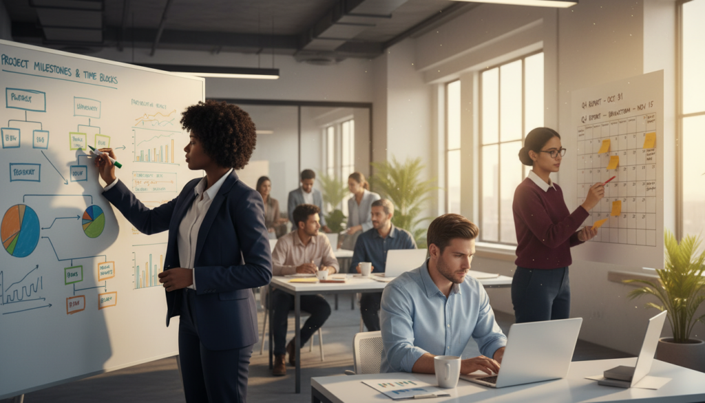 A modern office environment featuring a diverse group of professionals engaged in time management techniques. In the foreground, a woman in smart business attire writes on a whiteboard filled with colorful diagrams and to-do lists. In the middle, a man analyzes charts on a laptop, while another woman works on a wall calendar covered in sticky notes and deadlines. The background showcases large windows with natural light pouring in, creating a bright and motivating atmosphere. The scene conveys focus, productivity, and collaboration, with soft lighting and a warm color palette that instills a sense of discipline and achievement. The composition highlights the importance of organized time management techniques in a dynamic workspace.
