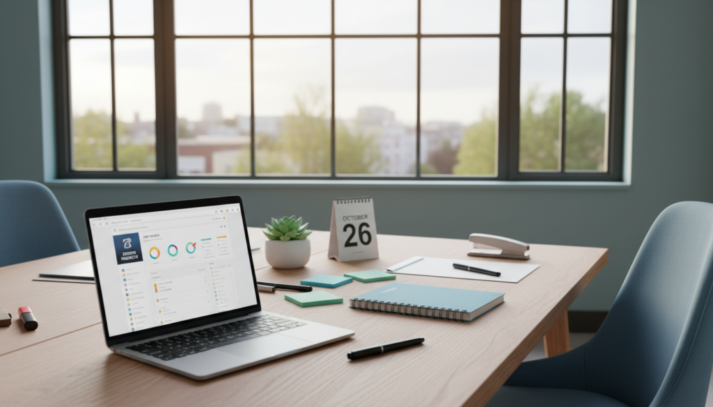 A modern workspace scene showcasing an array of productivity tools. In the foreground, a sleek laptop with an organized digital screen displaying project management software, alongside a stylish planner and a pen. In the middle, an elegant desk cluttered with high-quality stationery like sticky notes, a calendar, and a potted plant for a touch of nature. In the background, a large window letting in soft, natural light, casting a warm glow over the space, enhancing focus and clarity. The atmosphere is calm and inspiring, featuring subtle tones of blue and green to promote creativity. The overall composition should evoke a sense of motivation and efficiency in achieving goals.
