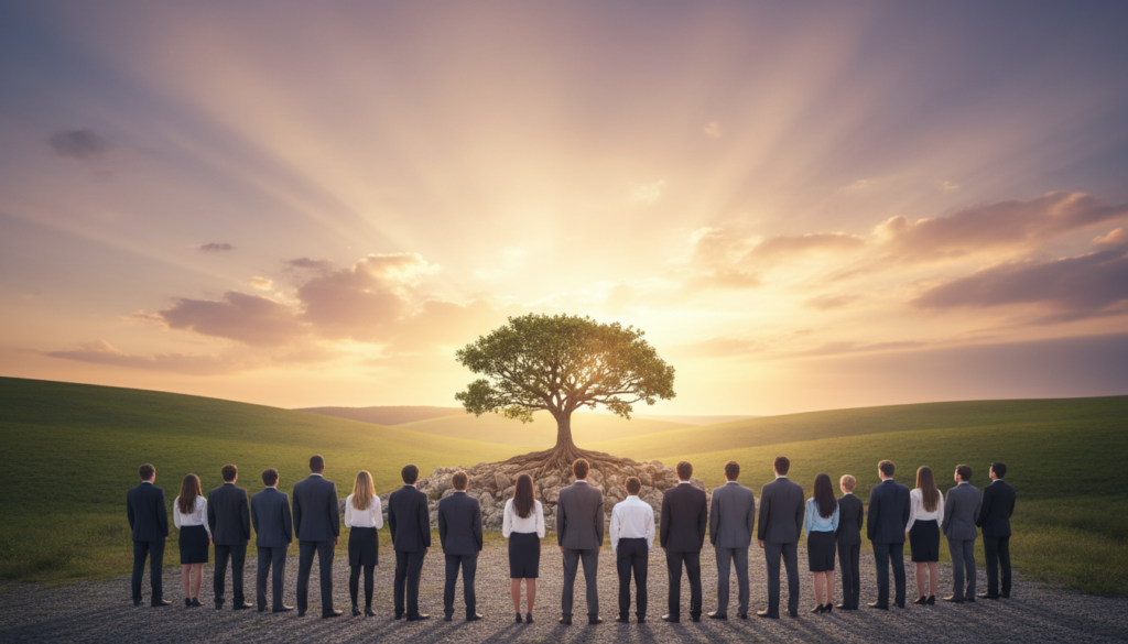 A serene and inspiring scene depicting the concept of emotional resilience. In the foreground, a diverse group of people (varying ages, ethnicities) dressed in professional business attire, standing confidently with their backs to the viewer, facing a bright horizon that symbolizes hope and strength. In the middle ground, soft, green landscapes and a resilient tree growing from rocky soil, showcasing growth amid adversity. The background features a vibrant sky at dawn, with warm golden light breaking through the clouds, creating a sense of optimism. The mood is uplifting and motivational, capturing the essence of overcoming challenges. The composition should be balanced and harmonious, with a focus on the unity of the group and the strength of nature, using a wide-angle lens to capture the expansive view.