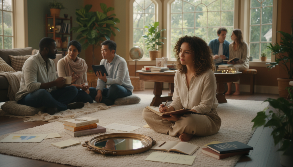 A serene and introspective scene showcasing a diverse group of individuals engaged in self-reflection. In the foreground, a thoughtful young woman sits cross-legged on a soft carpet, jotting notes in a journal, her expression contemplative. Surrounding her are symbolic elements like a mirror reflecting her thoughtful gaze and scattered books on personal development. In the middle, diverse people are gathered in pairs, engaged in deep discussions about their goals, some sipping herbal tea. The background features a cozy, well-lit room with plants, light streaming through large windows, and soft, warm colors that create an inviting atmosphere. The overall mood is calm and reflective, inviting viewers to embrace the journey of self-discovery and personal growth.