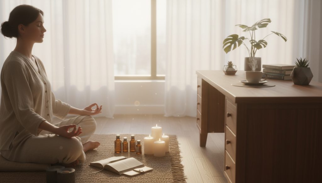 A serene and inviting workspace embodying daily practices for emotional resilience. In the foreground, a calm person in modest clothing is meditating on a yoga mat, surrounded by essential oils, candles, and a journal. In the middle ground, a wooden desk with a cup of herbal tea, plants, and motivational books is neatly arranged, illustrating a peaceful environment. The background features a large window with soft, natural light streaming in, illuminating the space and adding warmth. The atmosphere is tranquil and uplifting, evoking a sense of inner strength and reflection. The focus is clearly on the individual’s peaceful engagement with resilience exercises, without any distractions or text. The lens captures this scene from a slightly elevated angle to enhance the feeling of openness and clarity.