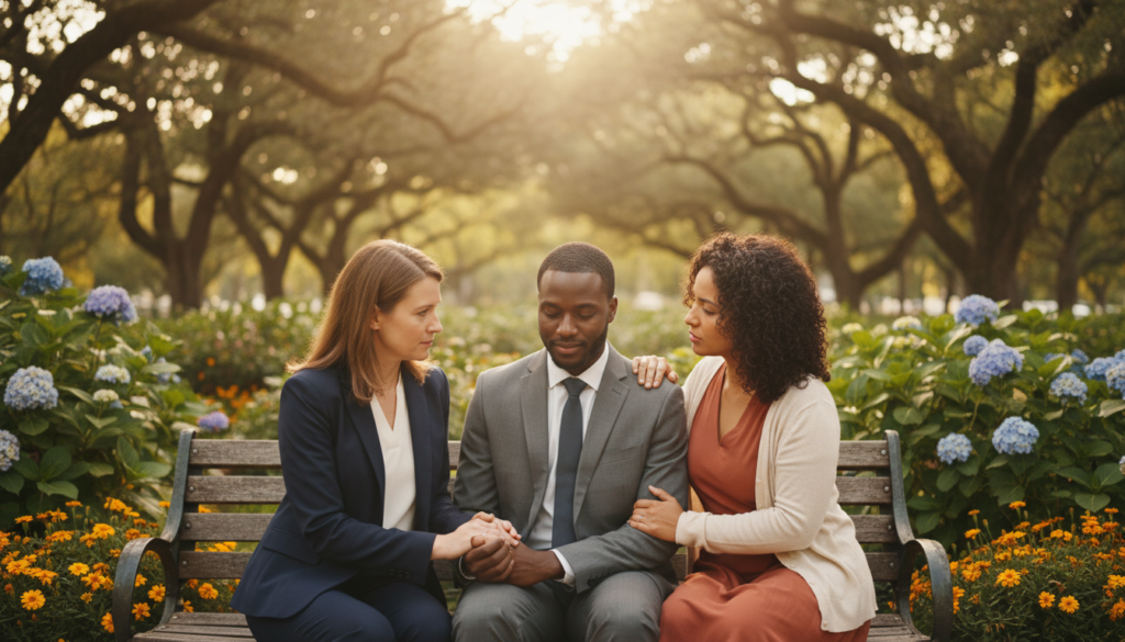 A serene and thoughtful scene that illustrates empathy in action. In the foreground, a diverse group of three individuals (one Caucasian, one Black, and one Hispanic) sit together on a park bench. They are dressed in professional business attire, engaged in a deep conversation, their body language open and supportive. The middle ground features gentle, lush greenery and colorful flowers, enhancing the warm, inviting atmosphere of the setting. In the background, soft sunlight filters through the leaves of tall trees, casting dappled light on the scene. The overall mood is calm and uplifting, conveying a sense of connection and understanding, perfect for representing the essence of empathy. The image should have a soft focus effect with a natural lens to create warmth and intimacy. A serene and thoughtful scene that illustrates empathy in action. In the foreground, a diverse group of three individuals (one Caucasian, one Black, and one Hispanic) sit together on a park bench. They are dressed in professional business attire, engaged in a deep conversation, their body language open and supportive. The middle ground features gentle, lush greenery and colorful flowers, enhancing the warm, inviting atmosphere of the setting. In the background, soft sunlight filters through the leaves of tall trees, casting dappled light on the scene. The overall mood is calm and uplifting, conveying a sense of connection and understanding, perfect for representing the essence of empathy. The image should have a soft focus effect with a natural lens to create warmth and intimacy.