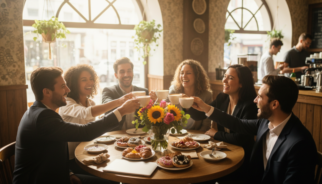 A serene and uplifting scene depicting "small victories" in everyday life, showcasing a cozy café where a group of diverse, professionally dressed friends celebrate a recent achievement together. In the foreground, they are smiling and raising their coffee cups in a joyful toast. The middle ground features a beautifully arranged table with pastries and vibrant flowers, suggesting warmth and unity. The background includes softly blurred elements of the café, like large windows letting in gentle sunlight, creating a warm and inviting atmosphere. The lighting is bright yet soft, conveying a sense of positivity and gratitude. Capture this moment from a slightly elevated angle, emphasizing the connection and joy among the friends while highlighting the celebratory nature of appreciating life's small wins.