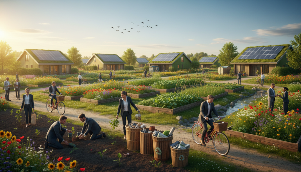 A serene landscape illustrating sustainable actions for the planet. In the foreground, a diverse group of individuals in professional business attire engages in eco-friendly activities like planting trees, recycling, and using bicycles. In the middle ground, a community garden thrives with vibrant flowers and vegetables, showcasing biodiversity. The background features a clear blue sky with birds flying, symbolizing freedom, and solar panels on rooftops, representing renewable energy. The scene is bathed in warm, natural sunlight, creating an uplifting and hopeful atmosphere. Utilize a wide-angle lens to capture the expansive view, emphasizing interconnectedness and community spirit in promoting sustainable practices. A serene landscape illustrating sustainable actions for the planet. In the foreground, a diverse group of individuals in professional business attire engages in eco-friendly activities like planting trees, recycling, and using bicycles. In the middle ground, a community garden thrives with vibrant flowers and vegetables, showcasing biodiversity. The background features a clear blue sky with birds flying, symbolizing freedom, and solar panels on rooftops, representing renewable energy. The scene is bathed in warm, natural sunlight, creating an uplifting and hopeful atmosphere. Utilize a wide-angle lens to capture the expansive view, emphasizing interconnectedness and community spirit in promoting sustainable practices.