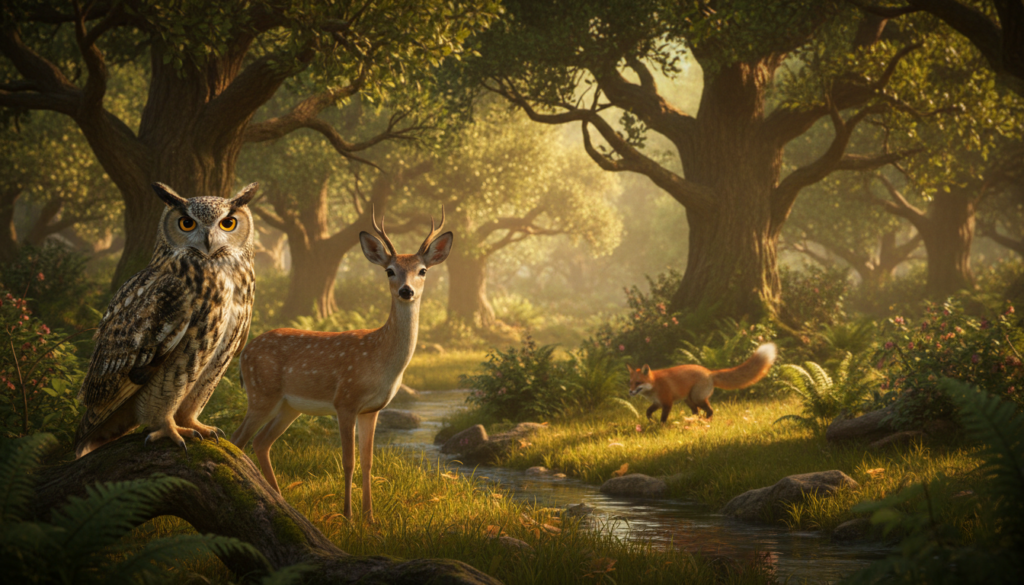 A serene, mystical forest clearing, bathed in soft, dappled sunlight filtering through lush, green leaves. In the foreground, a wise owl perches gracefully on a low branch, symbolizing knowledge and intuition, while a gentle deer stands nearby, representing tranquility and gentleness. In the middle ground, a vibrant fox playfully explores the underbrush, signifying adaptability and cunning. The background features towering trees and a shimmering, reflective stream, enhancing the spiritual ambiance. The overall atmosphere is peaceful and enchanting, inviting contemplation and connection with nature. Use a warm color palette to evoke a sense of harmony, employing a slight vignette effect to draw focus toward the animals. Capture the image with a shallow depth of field, emphasizing the foreground subjects while softly blurring the background elements.