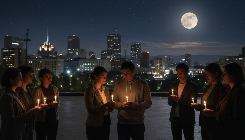A serene nighttime scene depicting a city participating in "Earth Hour." In the foreground, a group of diverse individuals, including a woman in professional attire holding a lit candle and a man in modest casual clothing, are gathered together, symbolizing unity. The middle layer features buildings with their lights dimmed, showcasing the contrast between light and darkness. Soft, warm candlelight casts gentle shadows, creating an intimate atmosphere. In the background, a starry sky is visible, with a large, luminous full moon illuminating the scene, enhancing the sense of peacefulness and community involvement. The overall mood is hopeful and inspiring, representing collective action to protect the planet. A serene nighttime scene depicting a city participating in "Earth Hour." In the foreground, a group of diverse individuals, including a woman in professional attire holding a lit candle and a man in modest casual clothing, are gathered together, symbolizing unity. The middle layer features buildings with their lights dimmed, showcasing the contrast between light and darkness. Soft, warm candlelight casts gentle shadows, creating an intimate atmosphere. In the background, a starry sky is visible, with a large, luminous full moon illuminating the scene, enhancing the sense of peacefulness and community involvement. The overall mood is hopeful and inspiring, representing collective action to protect the planet.
